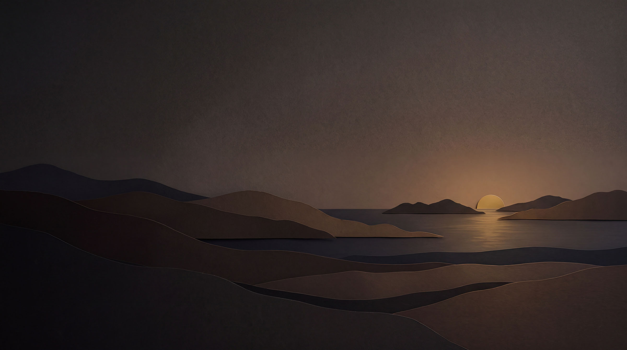 Islands on a still sea at dusk, the sun low on the horizon