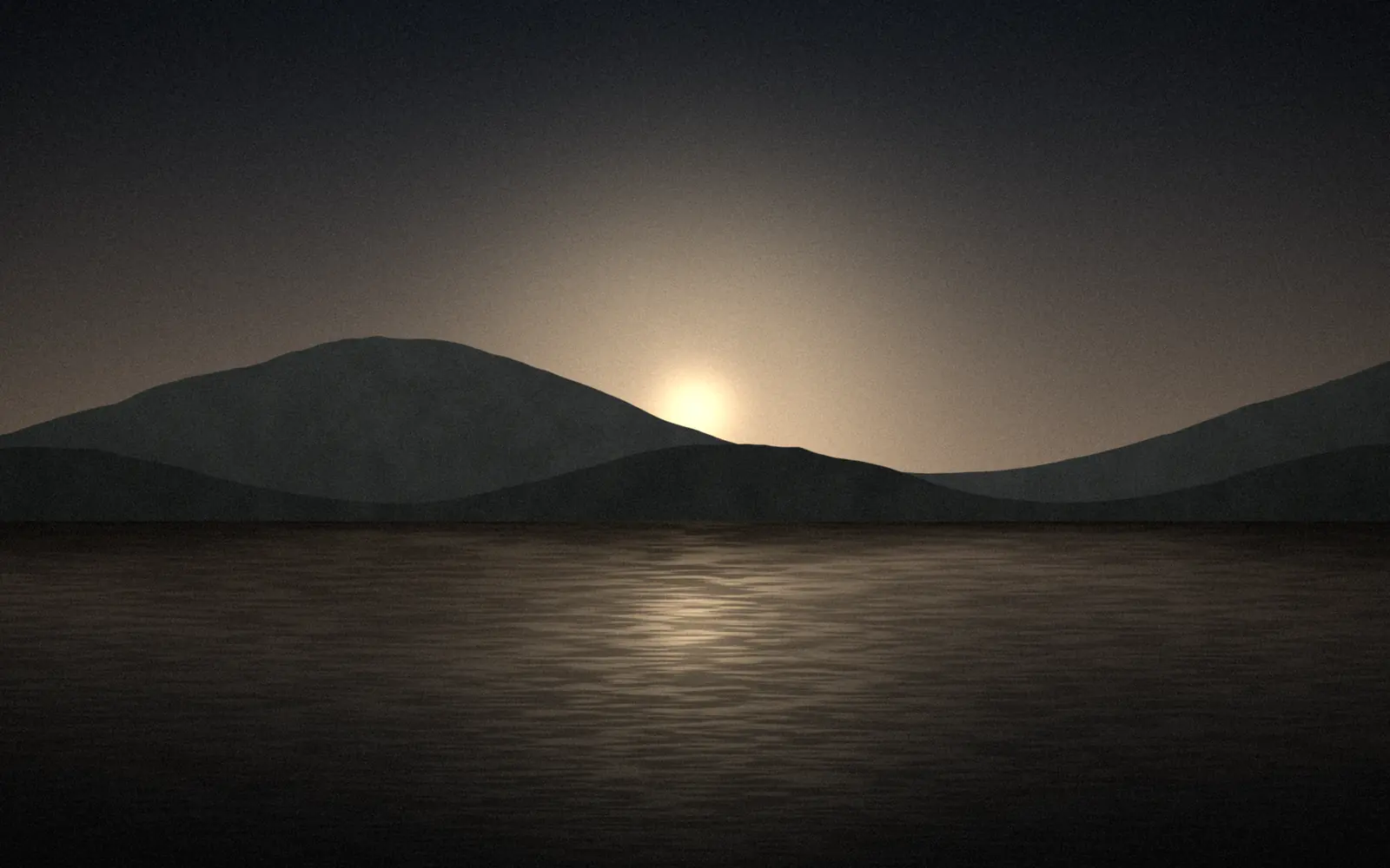 A still lake beneath soft hills at first light